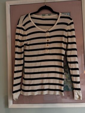 Striped Long Sleeve Knit Henley Top - Cream & Black